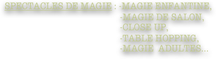 Spectacles de magie : -Magie enfantine,
                                                   -magie de salon,
                                                   -close up,
                                                   -table hopping, 
                                                   -magie  adultes...